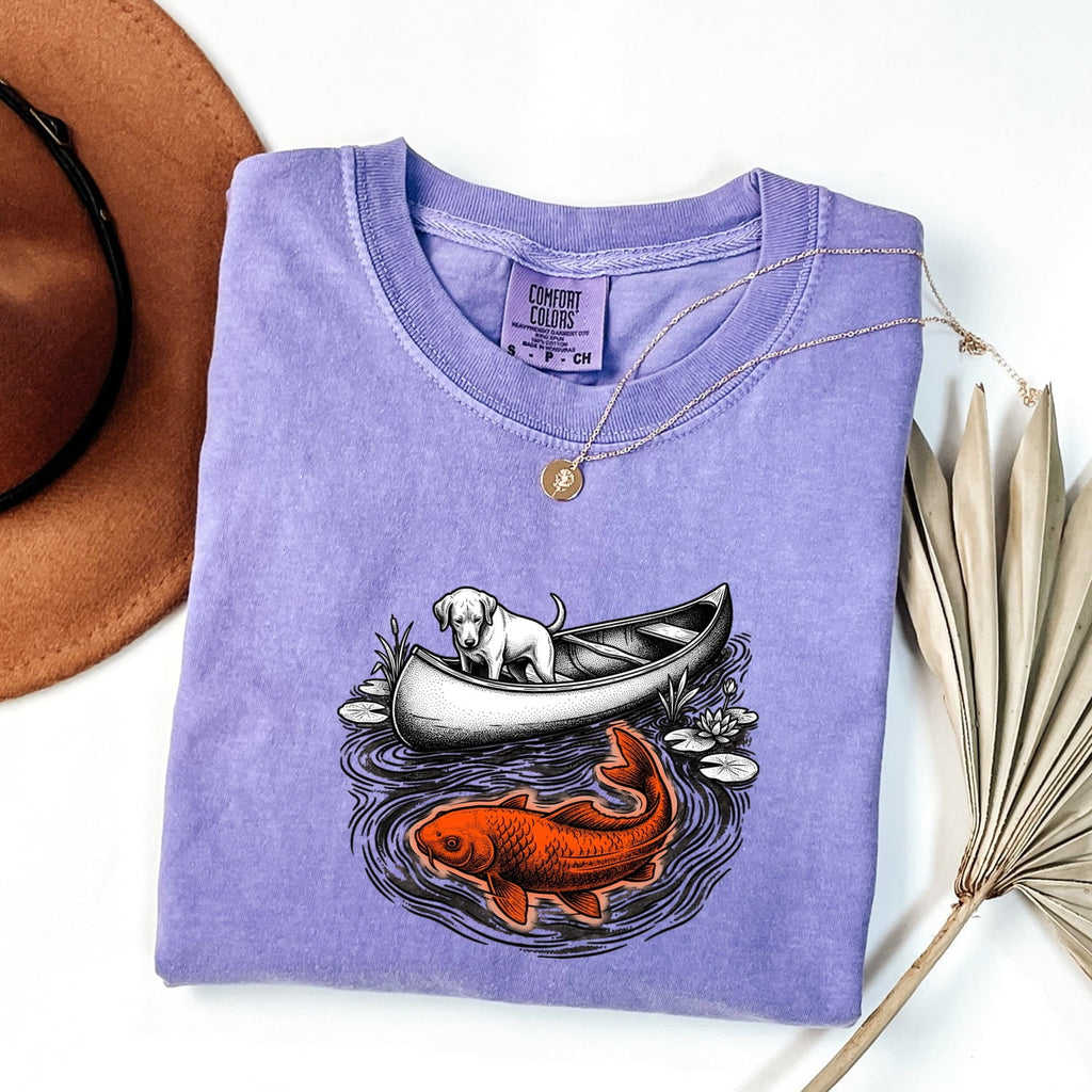 Dog Canoe Shirt Dog Outdoors Gift Women Vintage Tee Canoe T-Shirt Dog Fan Retro Tshirt Adventure Graphic Hand Drawn Koi Fish Tshirt