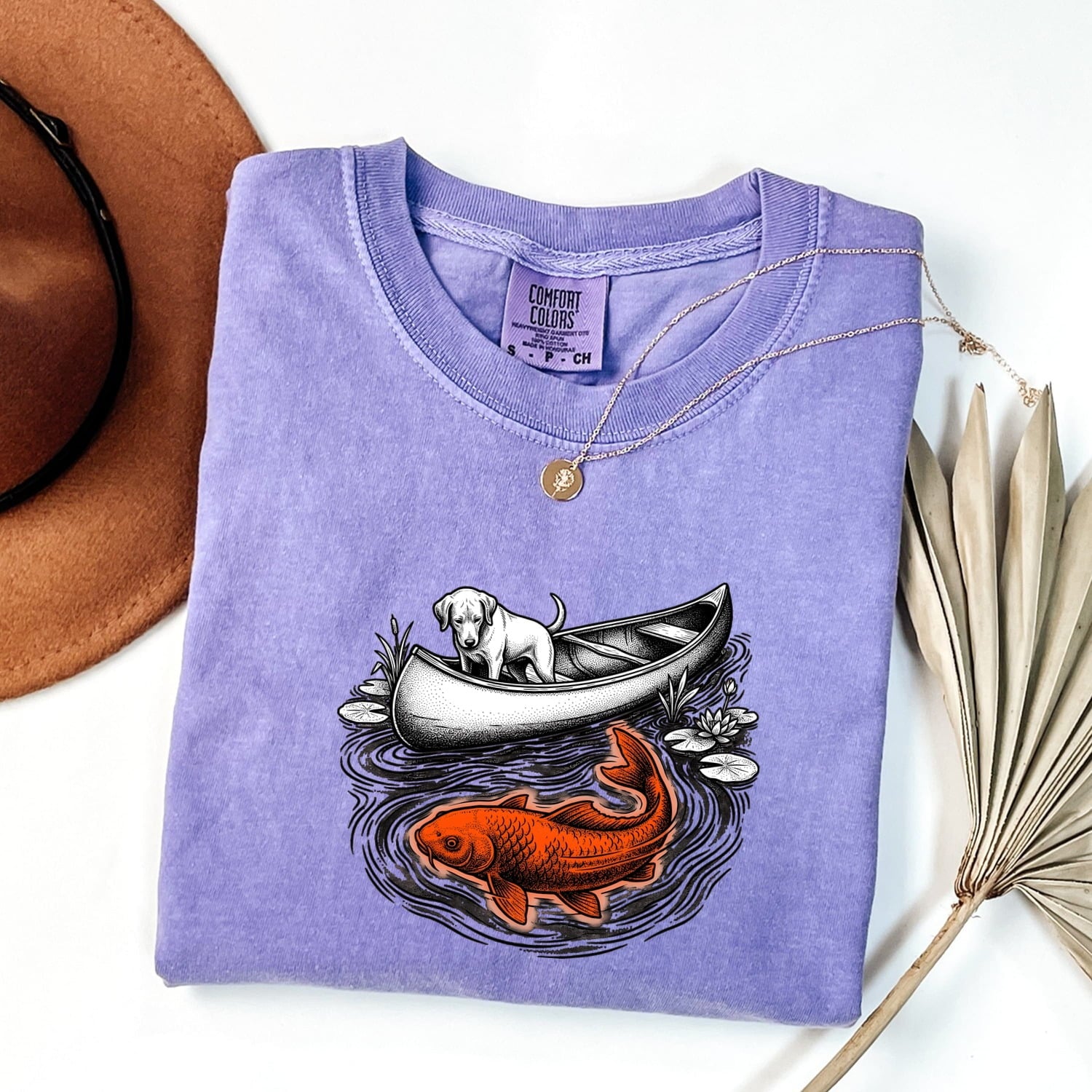 Dog Canoe Shirt Dog Outdoors Gift Women Vintage Tee Canoe T-Shirt Dog Fan Retro Tshirt Adventure Graphic Hand Drawn Koi Fish Tshirt