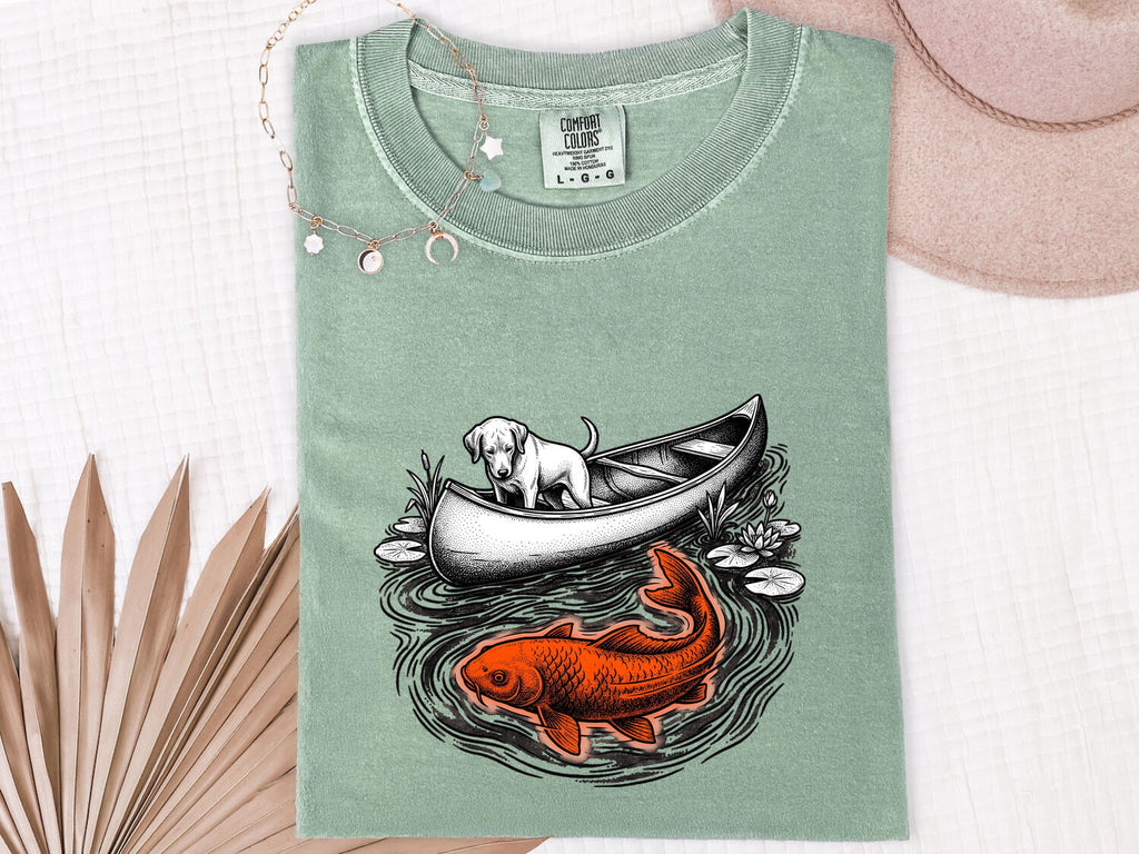 Dog Canoe Shirt Dog Outdoors Gift Women Vintage Tee Canoe T-Shirt Dog Fan Retro Tshirt Adventure Graphic Hand Drawn Koi Fish Tshirt