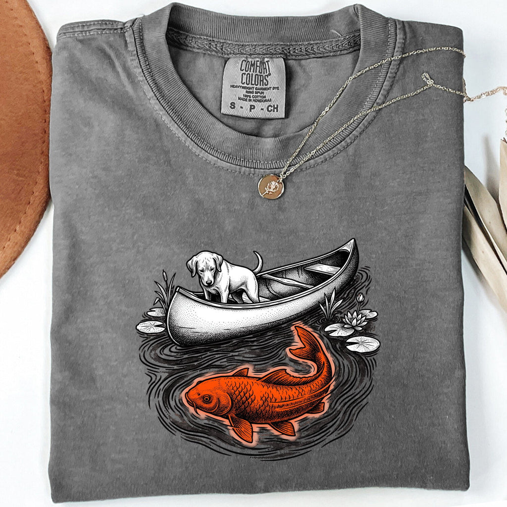 Dog Canoe Shirt Dog Outdoors Gift Women Vintage Tee Canoe T-Shirt Dog Fan Retro Tshirt Adventure Graphic Hand Drawn Koi Fish Tshirt