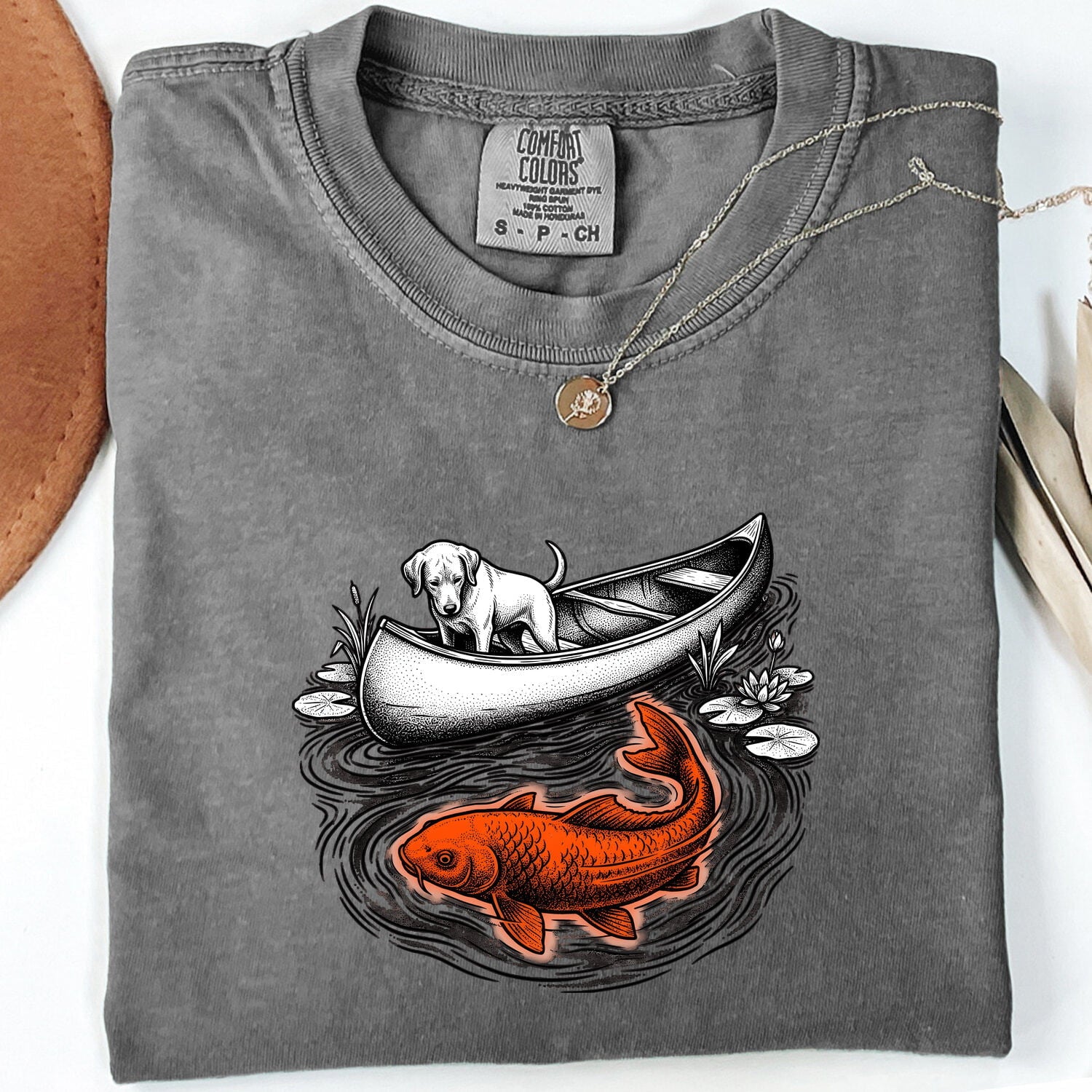 Dog Canoe Shirt Dog Outdoors Gift Women Vintage Tee Canoe T-Shirt Dog Fan Retro Tshirt Adventure Graphic Hand Drawn Koi Fish Tshirt