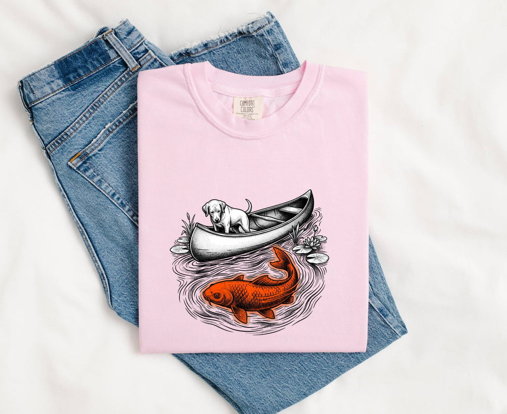 Dog Canoe Shirt Dog Outdoors Gift Women Vintage Tee Canoe T-Shirt Dog Fan Retro Tshirt Adventure Graphic Hand Drawn Koi Fish Tshirt