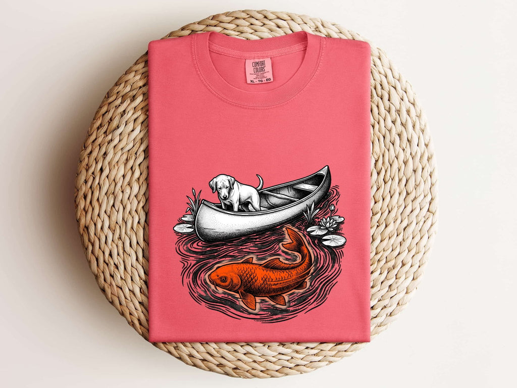 Dog Canoe Shirt Dog Outdoors Gift Women Vintage Tee Canoe T-Shirt Dog Fan Retro Tshirt Adventure Graphic Hand Drawn Koi Fish Tshirt