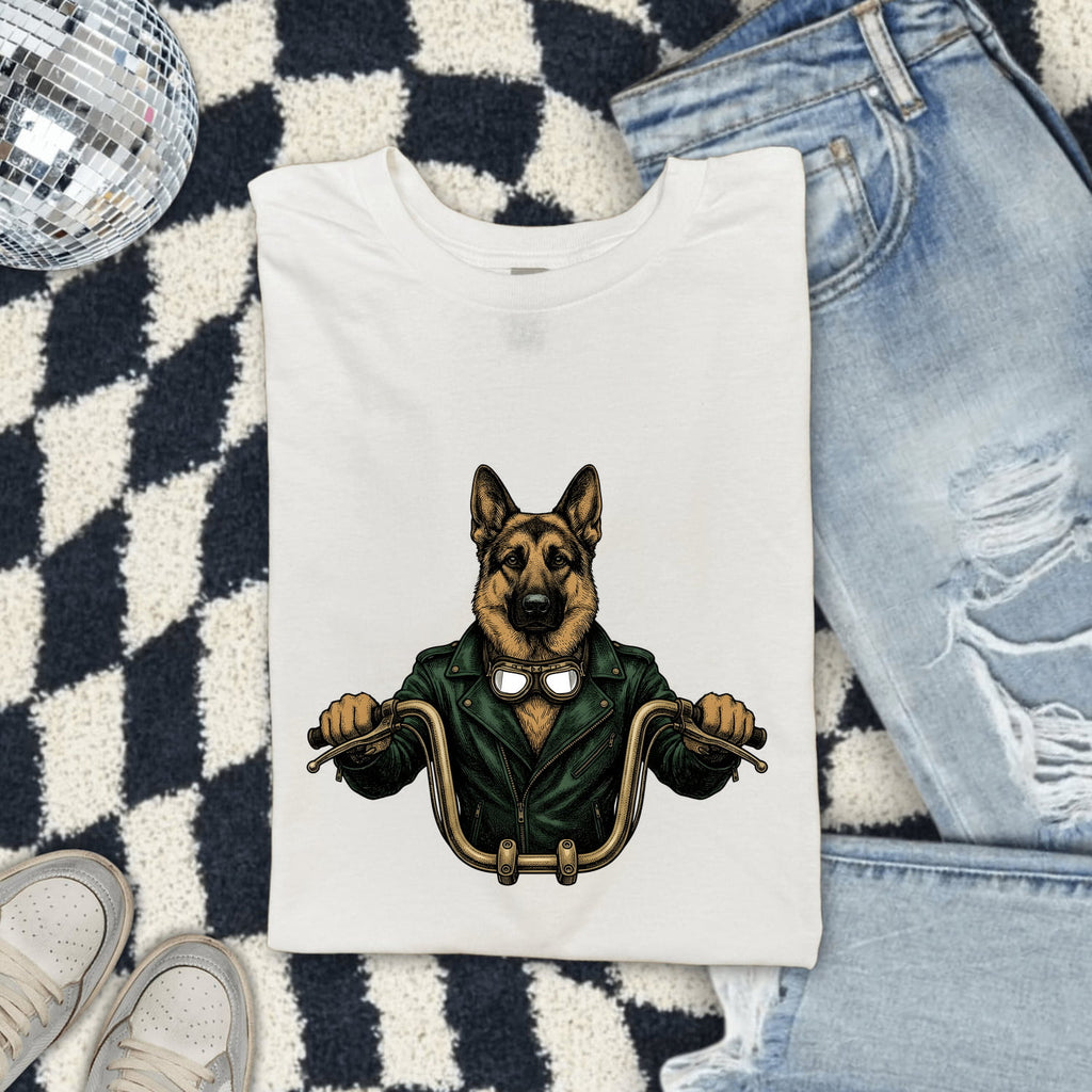 German Shepherd Bike Rider Shirt Dog Motorcycle Gear Gift Women Old School Tee Alsatian T-Shirt Dog Fan Shepherd Tshirt Biker Graphic Line