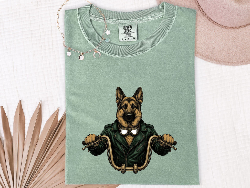 German Shepherd Bike Rider Shirt Dog Motorcycle Gear Gift Women Old School Tee Alsatian T-Shirt Dog Fan Shepherd Tshirt Biker Graphic Line