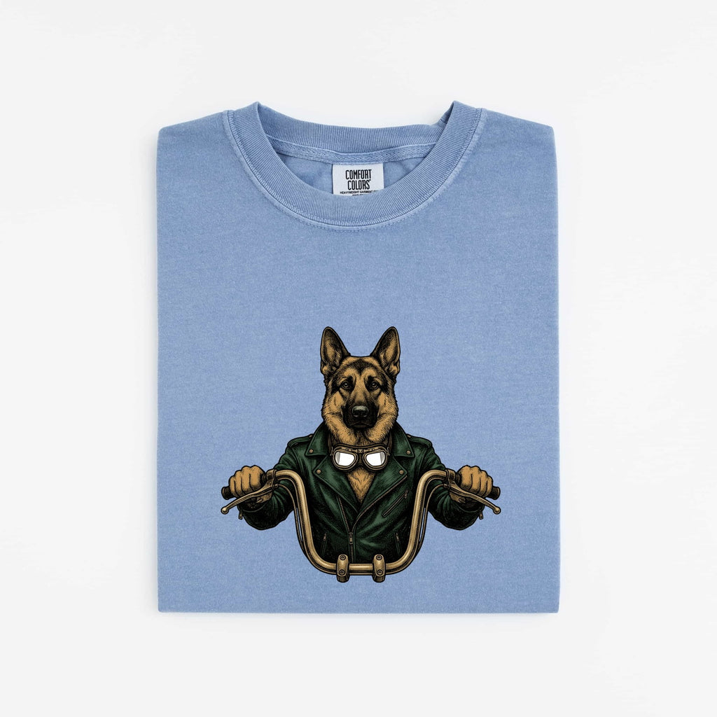German Shepherd Bike Rider Shirt Dog Motorcycle Gear Gift Women Old School Tee Alsatian T-Shirt Dog Fan Shepherd Tshirt Biker Graphic Line
