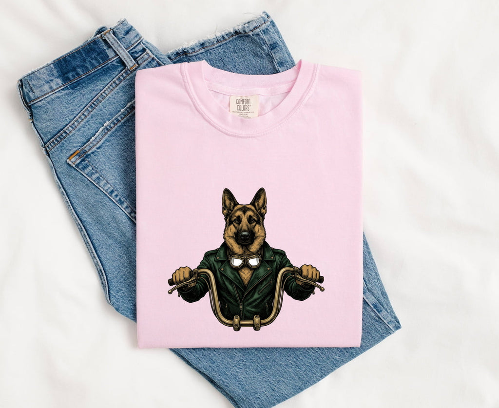 German Shepherd Bike Rider Shirt Dog Motorcycle Gear Gift Women Old School Tee Alsatian T-Shirt Dog Fan Shepherd Tshirt Biker Graphic Line