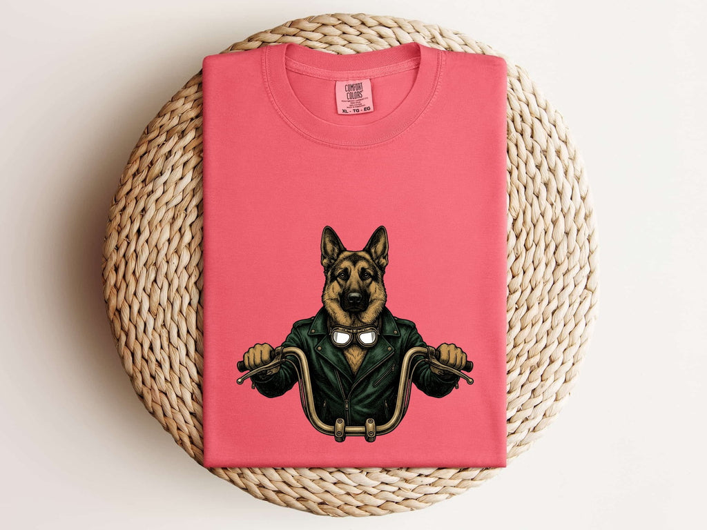 German Shepherd Bike Rider Shirt Dog Motorcycle Gear Gift Women Old School Tee Alsatian T-Shirt Dog Fan Shepherd Tshirt Biker Graphic Line