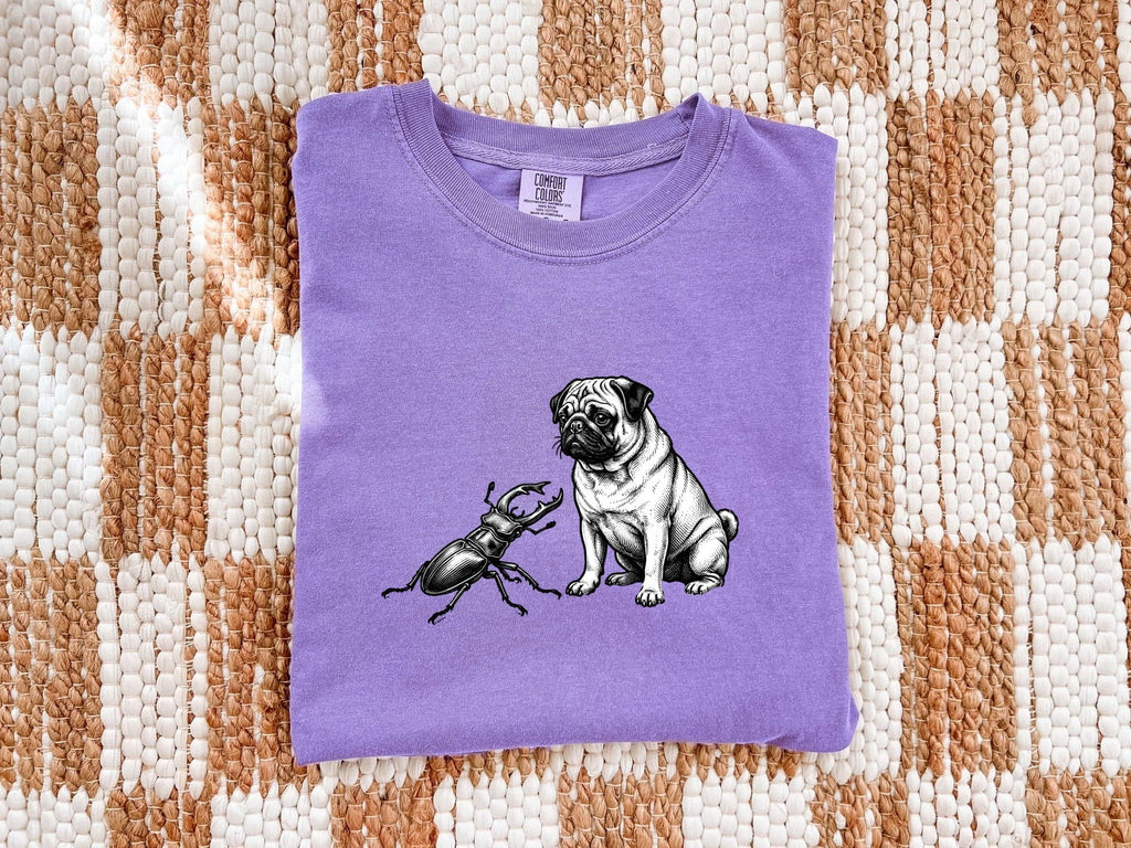 Pug Canine Shirt Dog Critters Gift Women Old School Tee Dog T-Shirt Dog Fan Vintage Tshirt Creature Graphic Line Art Scarab Tshirt