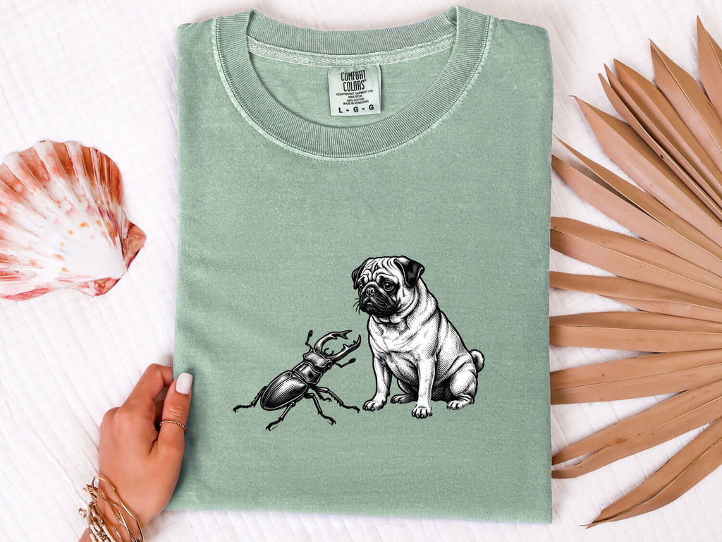 Pug Canine Shirt Dog Critters Gift Women Old School Tee Dog T-Shirt Dog Fan Vintage Tshirt Creature Graphic Line Art Scarab Tshirt
