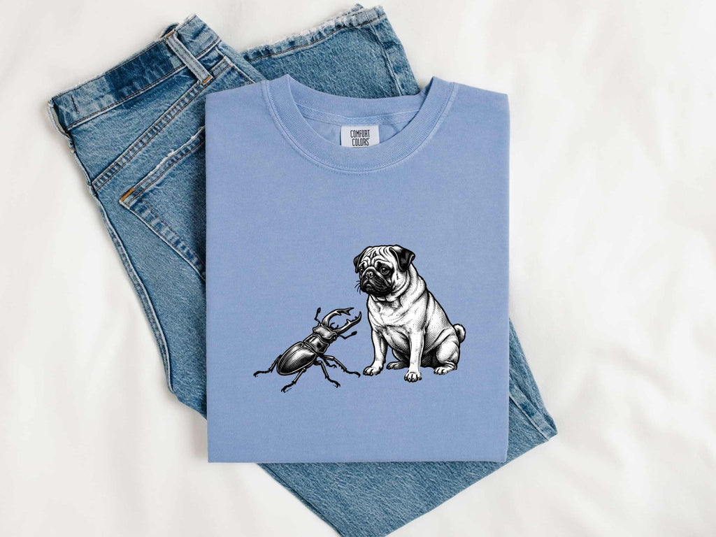 Pug Canine Shirt Dog Critters Gift Women Old School Tee Dog T-Shirt Dog Fan Vintage Tshirt Creature Graphic Line Art Scarab Tshirt