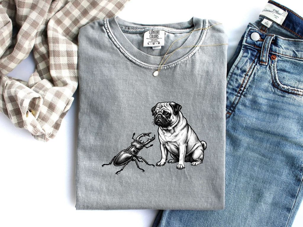 Pug Canine Shirt Dog Critters Gift Women Old School Tee Dog T-Shirt Dog Fan Vintage Tshirt Creature Graphic Line Art Scarab Tshirt
