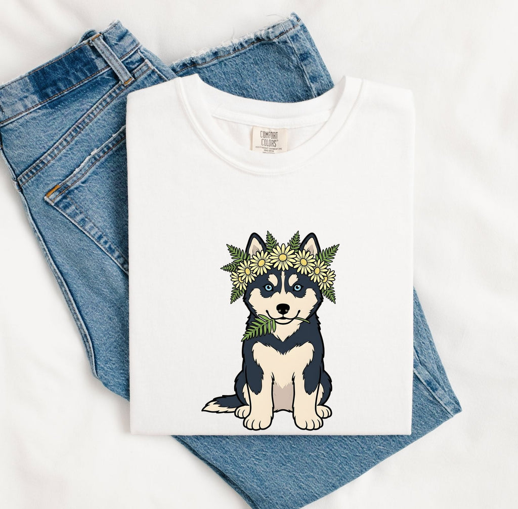 Husky Dog Shirt Dog Floral Gift Women Cartoon Tee Siberian Husky T-Shirt Dog Fan Illustrated Graphic Tshirt Hand Drawn Flower Crown Tshirt
