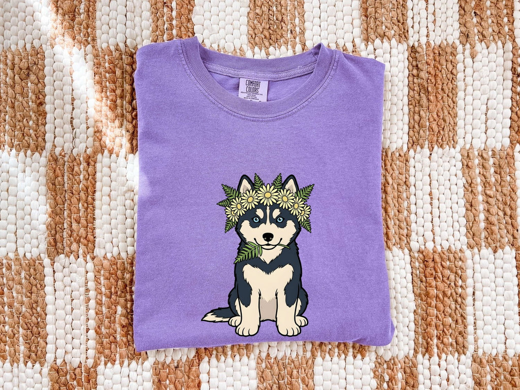 Husky Dog Shirt Dog Floral Gift Women Cartoon Tee Siberian Husky T-Shirt Dog Fan Illustrated Graphic Tshirt Hand Drawn Flower Crown Tshirt