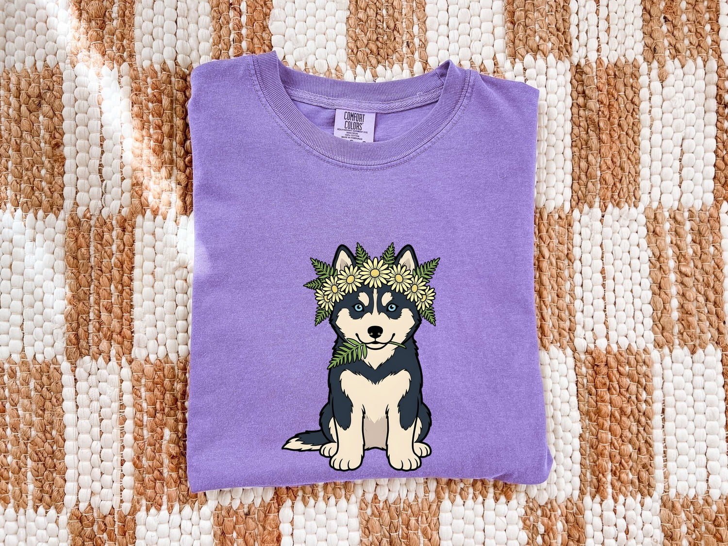 Husky Dog Shirt Dog Floral Gift Women Cartoon Tee Siberian Husky T-Shirt Dog Fan Illustrated Graphic Tshirt Hand Drawn Flower Crown Tshirt