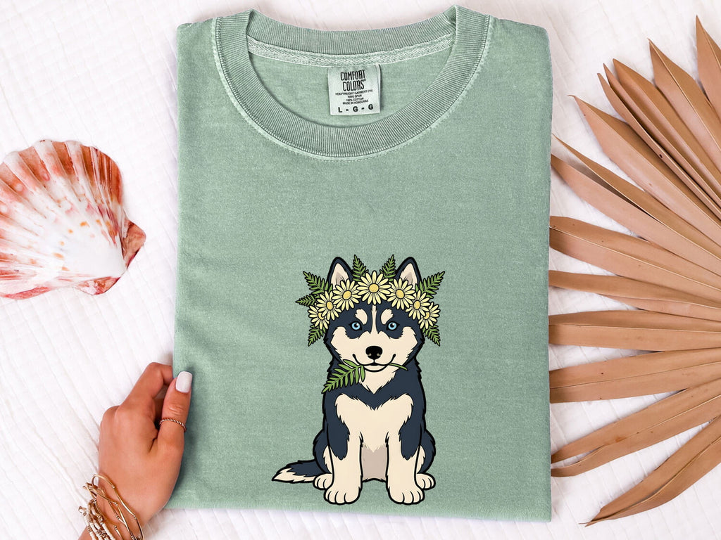 Husky Dog Shirt Dog Floral Gift Women Cartoon Tee Siberian Husky T-Shirt Dog Fan Illustrated Graphic Tshirt Hand Drawn Flower Crown Tshirt