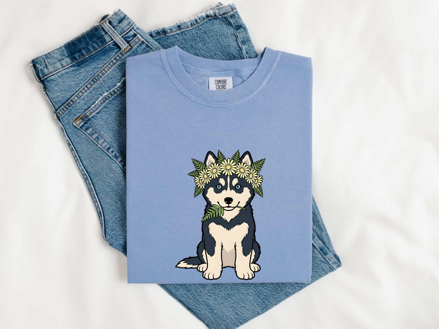 Husky Dog Shirt Dog Floral Gift Women Cartoon Tee Siberian Husky T-Shirt Dog Fan Illustrated Graphic Tshirt Hand Drawn Flower Crown Tshirt