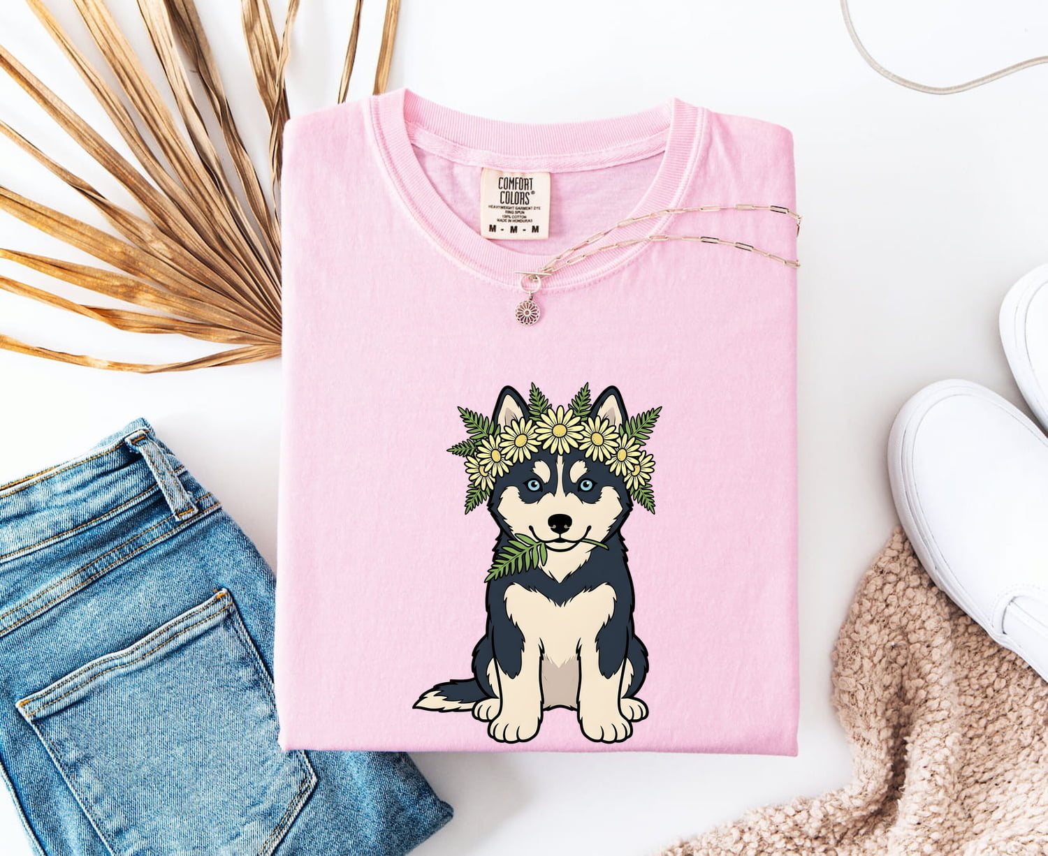 Husky Dog Shirt Dog Floral Gift Women Cartoon Tee Siberian Husky T-Shirt Dog Fan Illustrated Graphic Tshirt Hand Drawn Flower Crown Tshirt