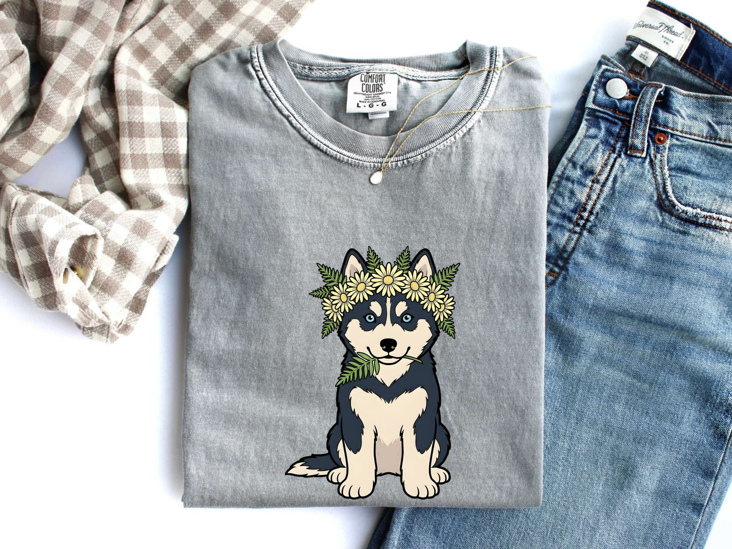 Husky Dog Shirt Dog Floral Gift Women Cartoon Tee Siberian Husky T-Shirt Dog Fan Illustrated Graphic Tshirt Hand Drawn Flower Crown Tshirt