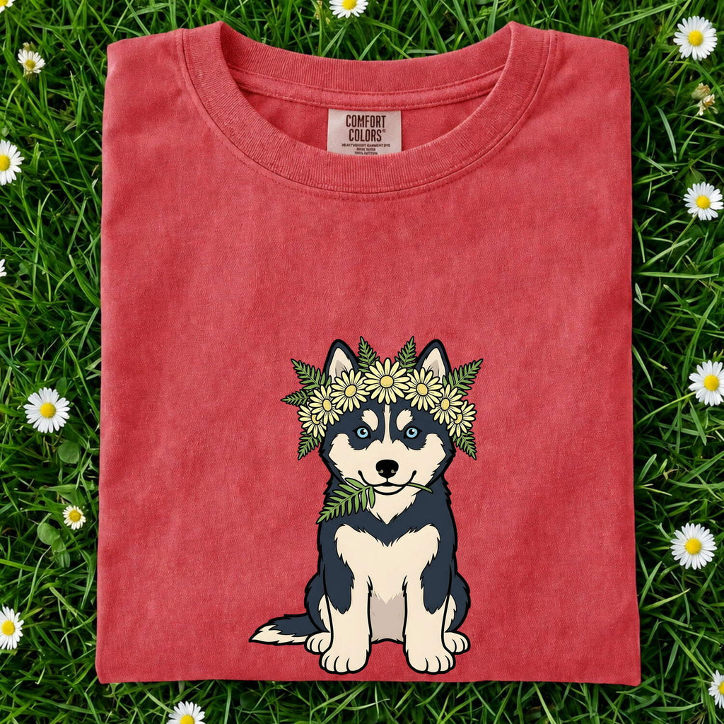 Husky Dog Shirt Dog Floral Gift Women Cartoon Tee Siberian Husky T-Shirt Dog Fan Illustrated Graphic Tshirt Hand Drawn Flower Crown Tshirt