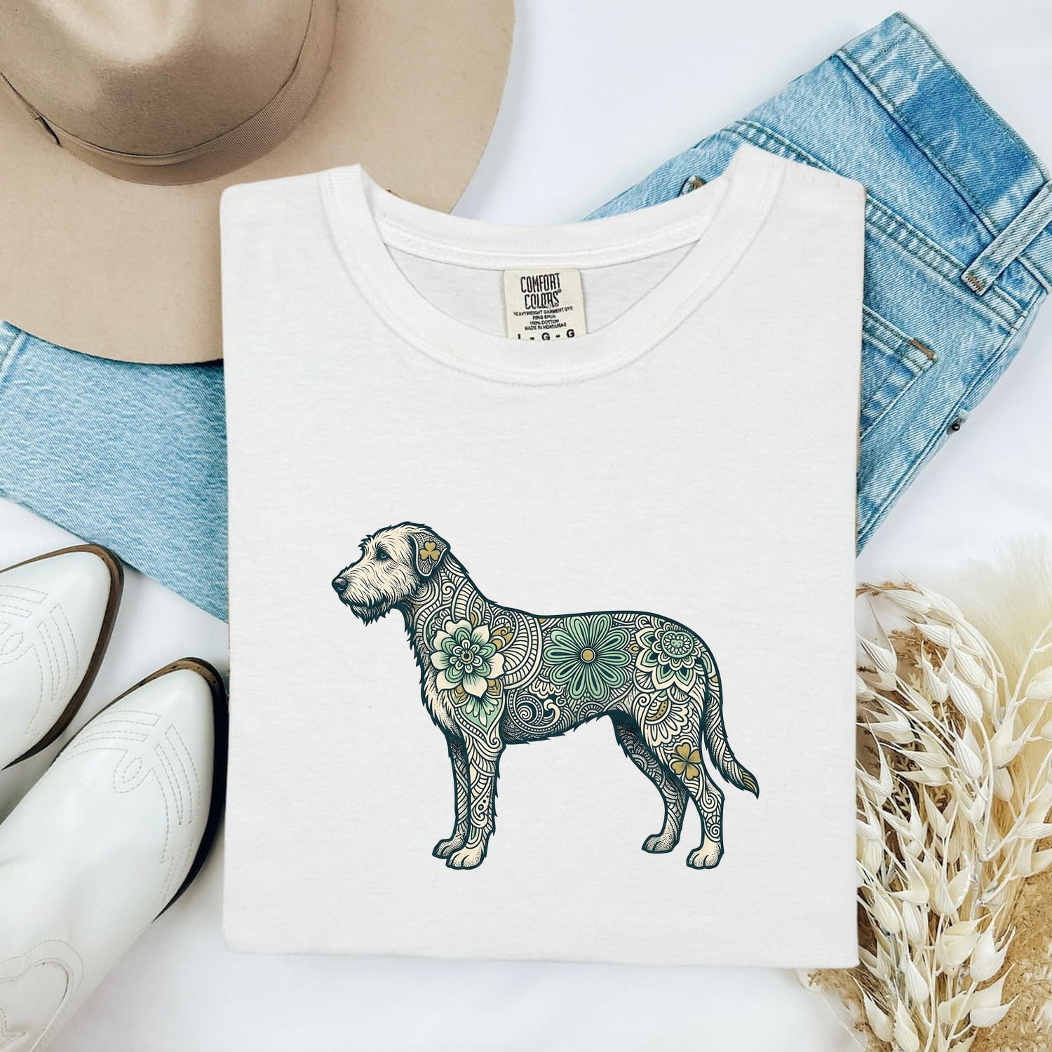 Irish Wolfhound Shirt St Patrick's Day Puppy Gift Women Tribal Tee Wolfhound T-Shirt Shamrock Fan Celtic Tshirt Dog Graphic Line Art Bloom
