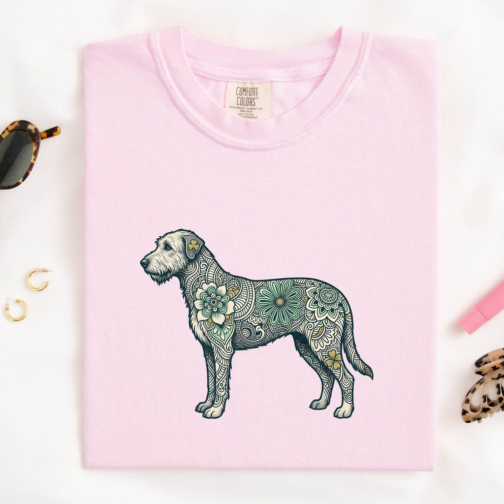Irish Wolfhound Shirt St Patrick's Day Puppy Gift Women Tribal Tee Wolfhound T-Shirt Shamrock Fan Celtic Tshirt Dog Graphic Line Art Bloom