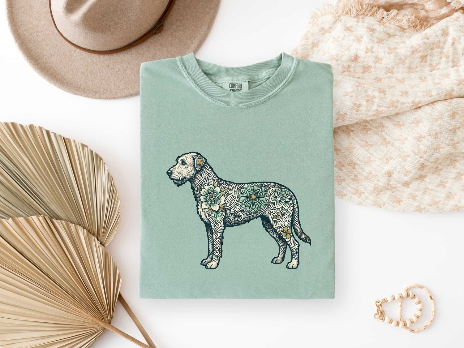 Irish Wolfhound Shirt St Patrick's Day Puppy Gift Women Tribal Tee Wolfhound T-Shirt Shamrock Fan Celtic Tshirt Dog Graphic Line Art Bloom
