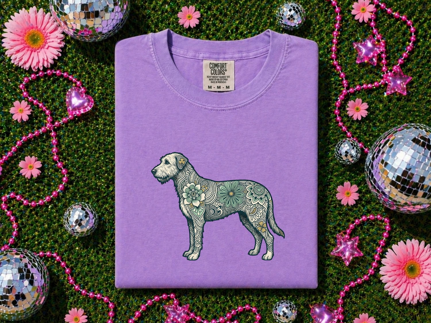 Irish Wolfhound Shirt St Patrick's Day Puppy Gift Women Tribal Tee Wolfhound T-Shirt Shamrock Fan Celtic Tshirt Dog Graphic Line Art Bloom