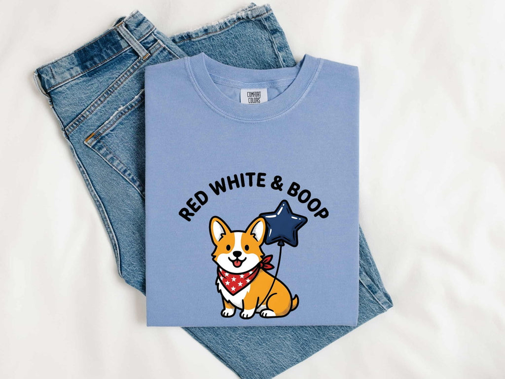 Corgi Dog Shirt 4Th Of July Dog Gift Women Cartoon Tee Puppy T-Shirt Independence Day Fan Comic Tshirt Dog Graphic Kawaii Star Balloon