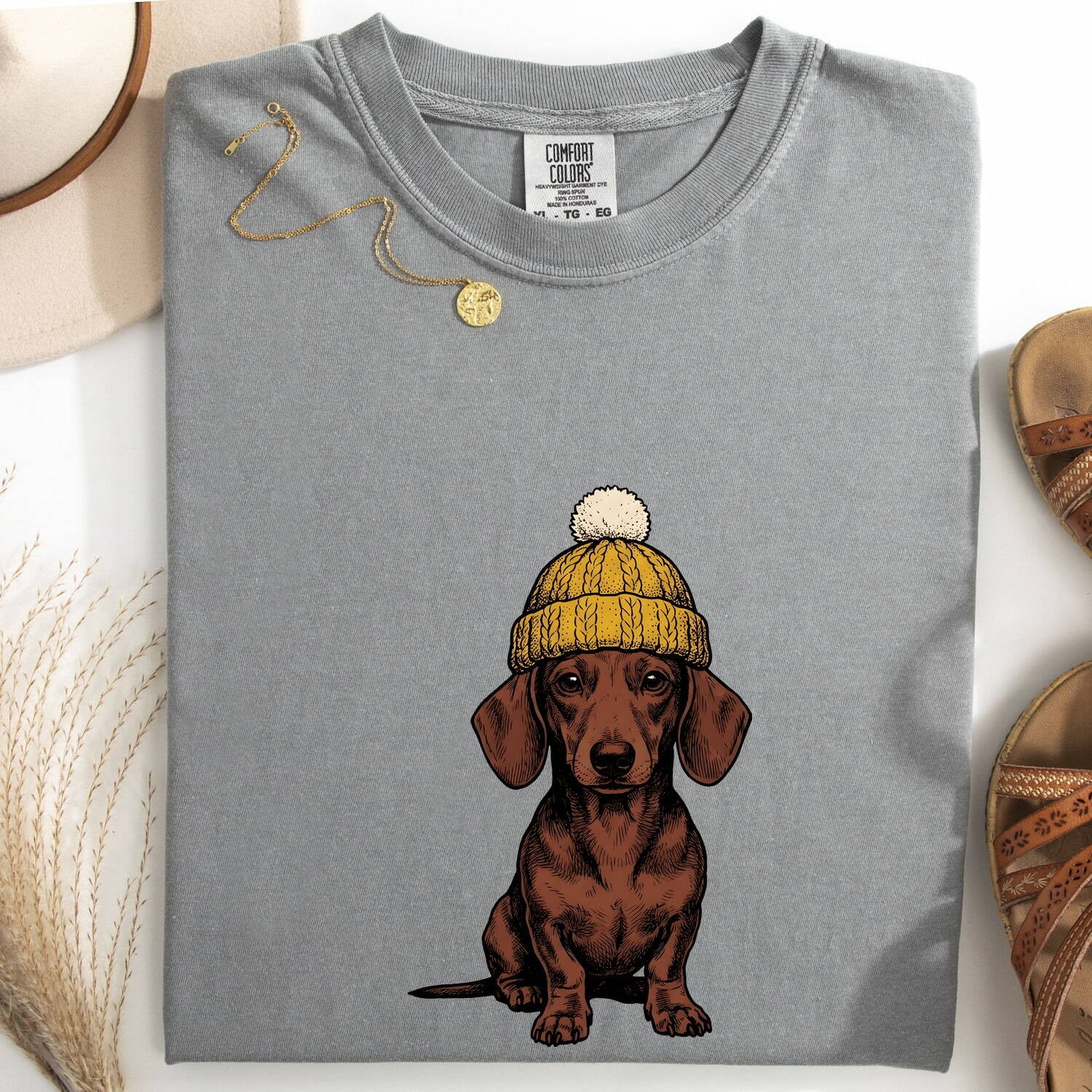 Dachshund Puppy Shirt Dog Animals Gift Women Sketch Tee Wiener Dog T-Shirt Dog Fan Doodle Graphic Tshirt Retro Wool Hat Tshirt
