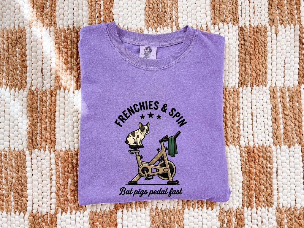 French Bulldog Stationary Bike Shirt Sports & Activities Workout Gift Women Caricature Tee Frenchie T-Shirt Fitness Enthusiast Cartoon