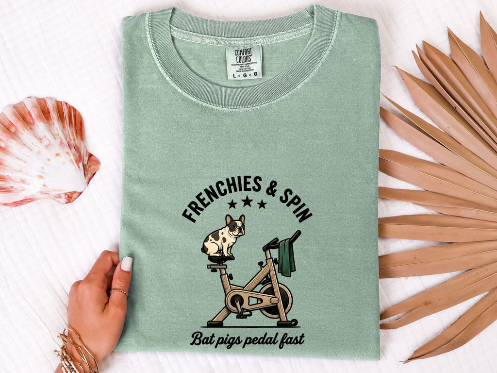 French Bulldog Stationary Bike Shirt Sports & Activities Workout Gift Women Caricature Tee Frenchie T-Shirt Fitness Enthusiast Cartoon