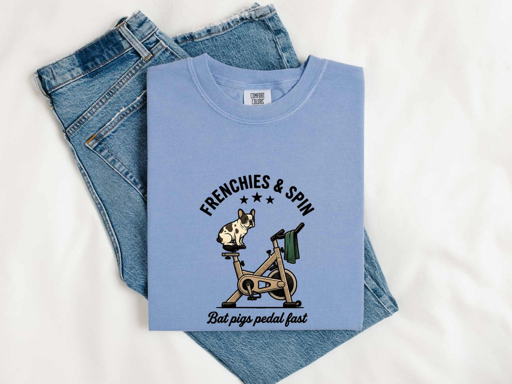 French Bulldog Stationary Bike Shirt Sports & Activities Workout Gift Women Caricature Tee Frenchie T-Shirt Fitness Enthusiast Cartoon