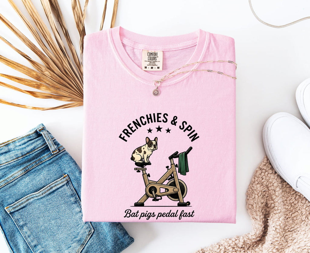 French Bulldog Stationary Bike Shirt Sports & Activities Workout Gift Women Caricature Tee Frenchie T-Shirt Fitness Enthusiast Cartoon