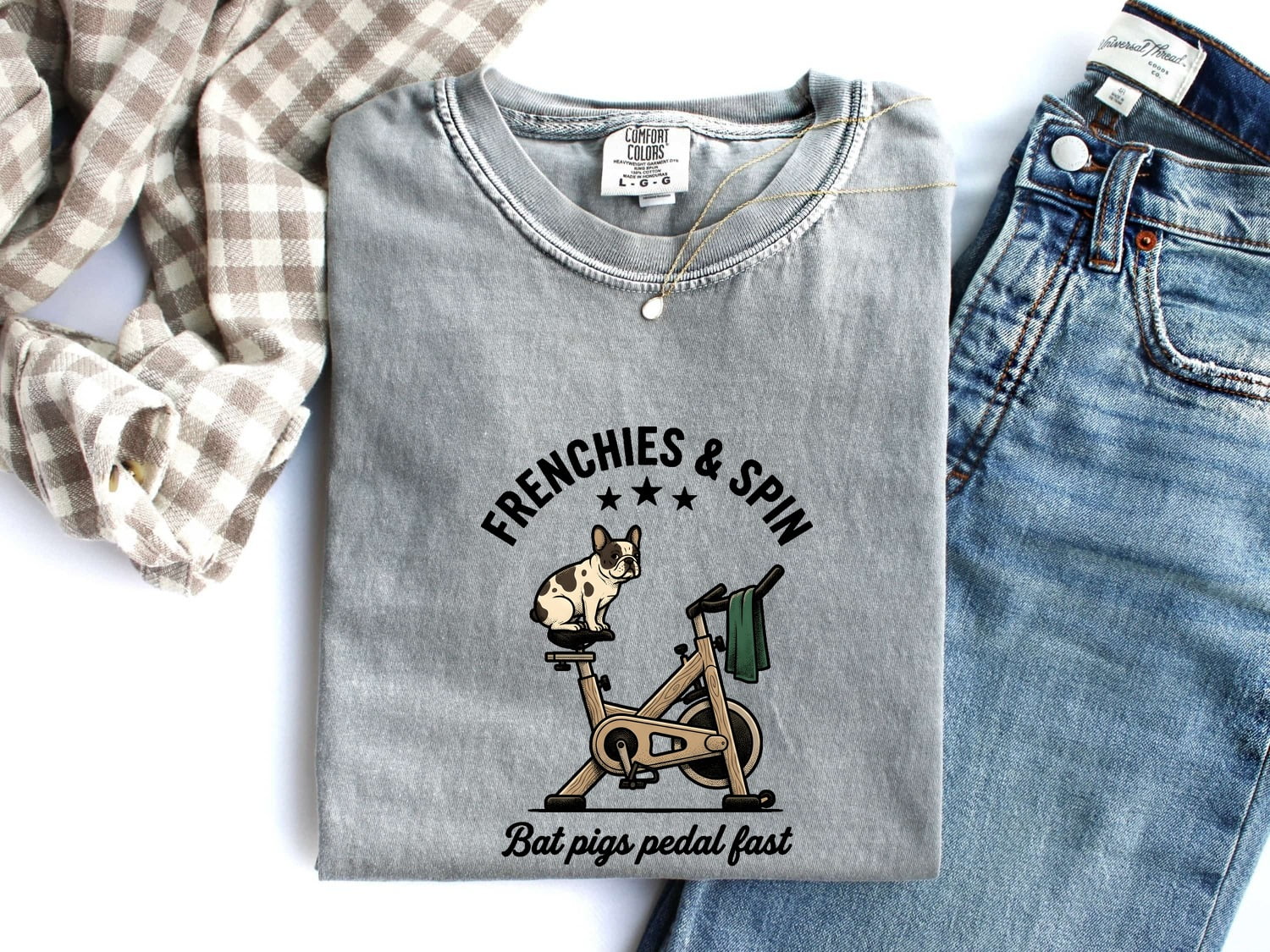 French Bulldog Stationary Bike Shirt Sports & Activities Workout Gift Women Caricature Tee Frenchie T-Shirt Fitness Enthusiast Cartoon