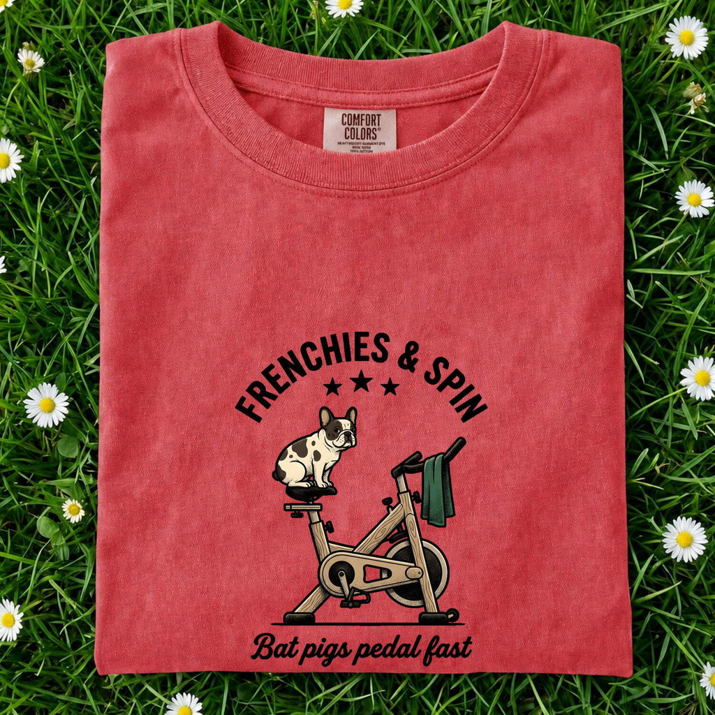 French Bulldog Stationary Bike Shirt Sports & Activities Workout Gift Women Caricature Tee Frenchie T-Shirt Fitness Enthusiast Cartoon