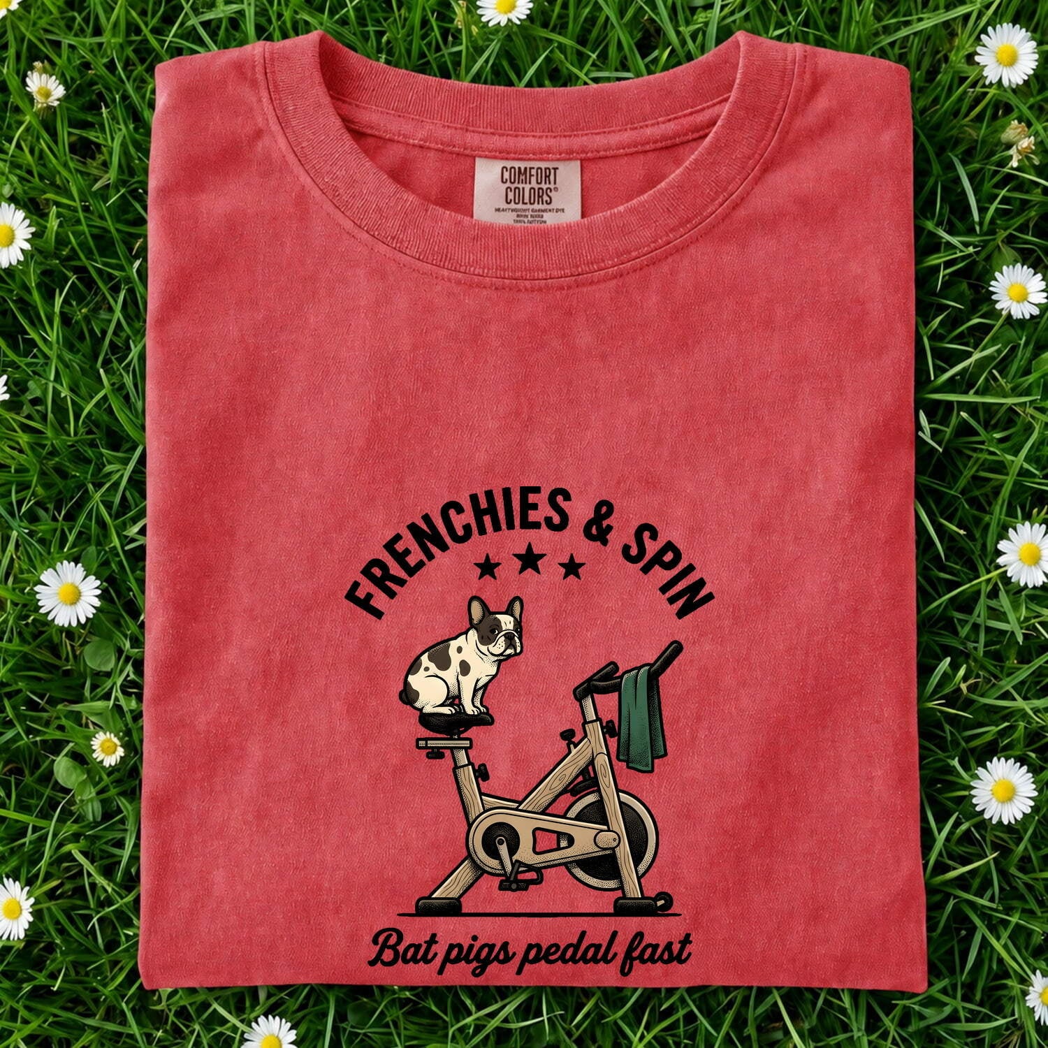 French Bulldog Stationary Bike Shirt Sports & Activities Workout Gift Women Caricature Tee Frenchie T-Shirt Fitness Enthusiast Cartoon