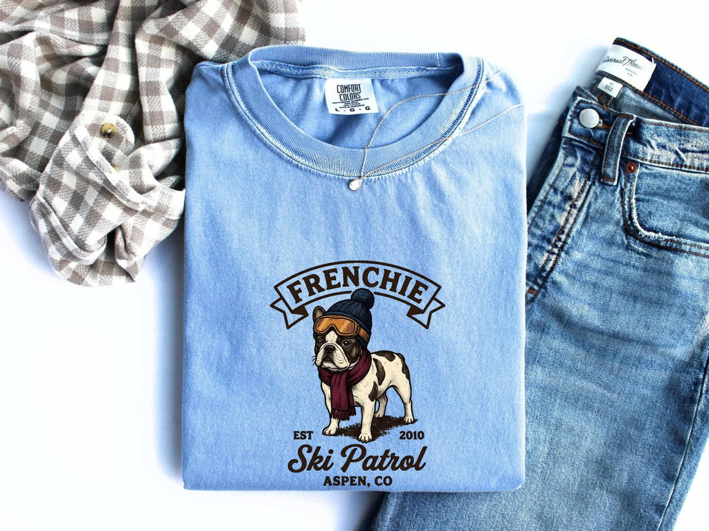 French Bulldog Shirt Dog Ice Gift Women Distressed Tee Bouledogue Francais T-Shirt Dog Fan Vintage Tshirt Frosty Graphic Doodle Ski Costume
