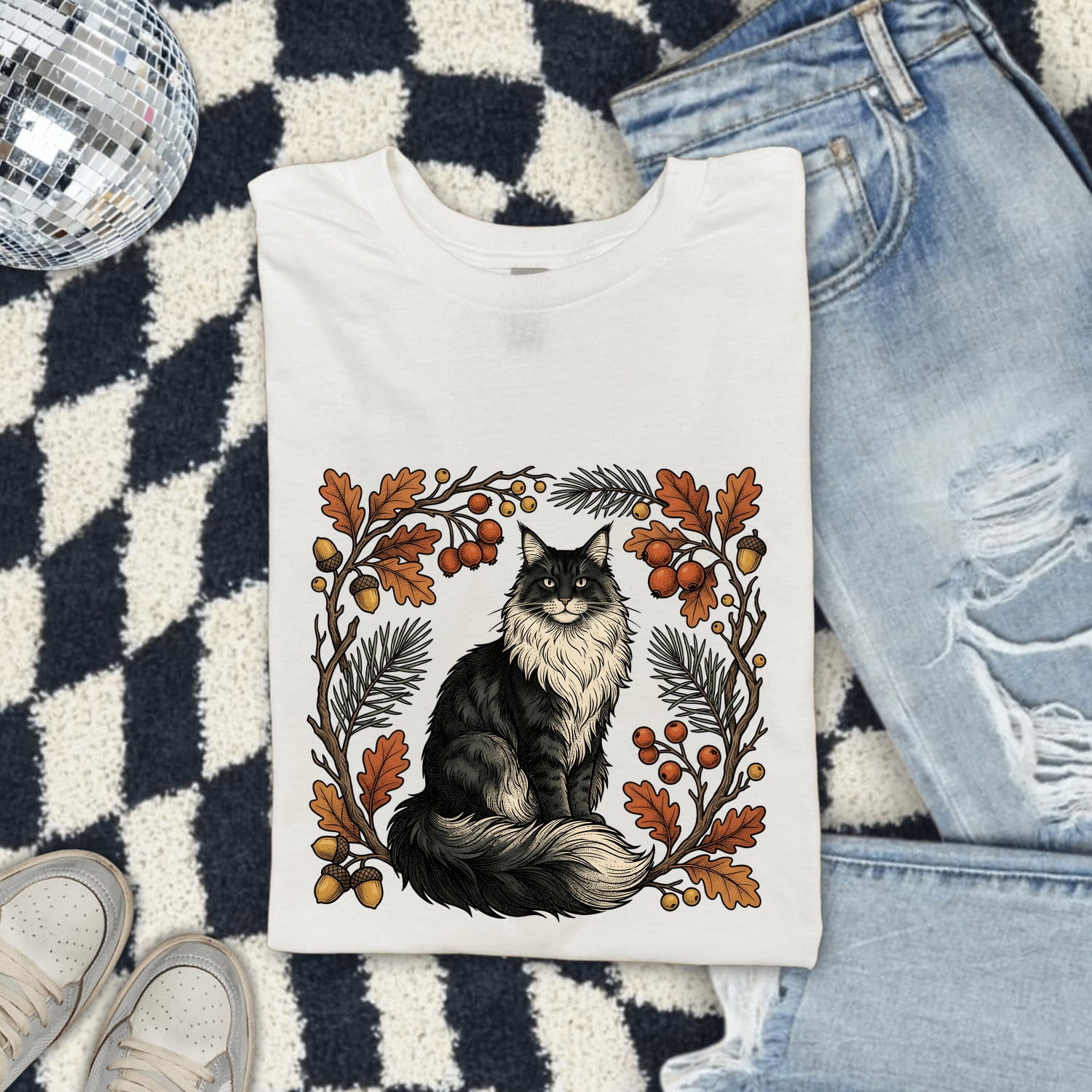 Soft Cat Shirt Cat Wilderness Gift Women Rustic Tee Kitty T-Shirt Cat Fan Feline Tshirt Outdoor Graphic Doodle Maple Leaves Tshirt