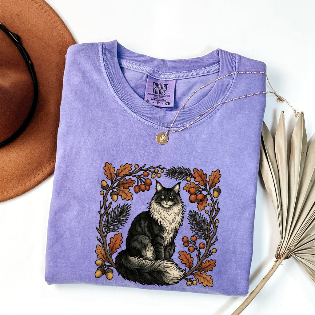 Soft Cat Shirt Cat Wilderness Gift Women Rustic Tee Kitty T-Shirt Cat Fan Feline Tshirt Outdoor Graphic Doodle Maple Leaves Tshirt