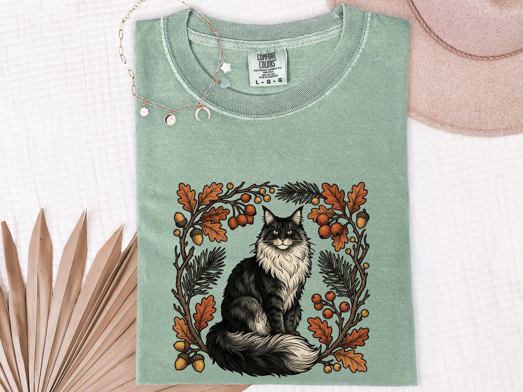 Soft Cat Shirt Cat Wilderness Gift Women Rustic Tee Kitty T-Shirt Cat Fan Feline Tshirt Outdoor Graphic Doodle Maple Leaves Tshirt