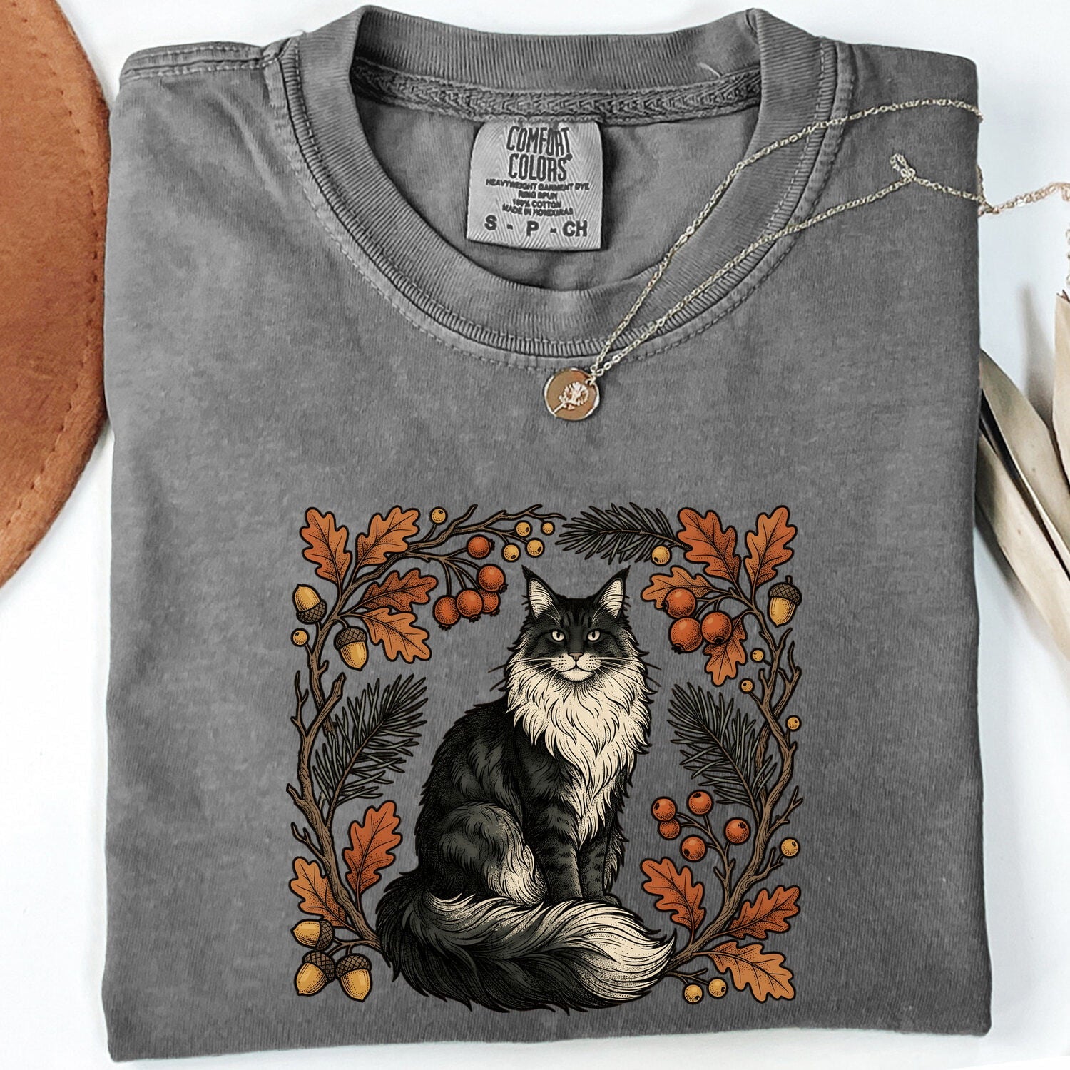 Soft Cat Shirt Cat Wilderness Gift Women Rustic Tee Kitty T-Shirt Cat Fan Feline Tshirt Outdoor Graphic Doodle Maple Leaves Tshirt