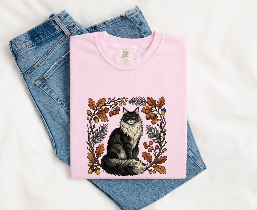 Soft Cat Shirt Cat Wilderness Gift Women Rustic Tee Kitty T-Shirt Cat Fan Feline Tshirt Outdoor Graphic Doodle Maple Leaves Tshirt