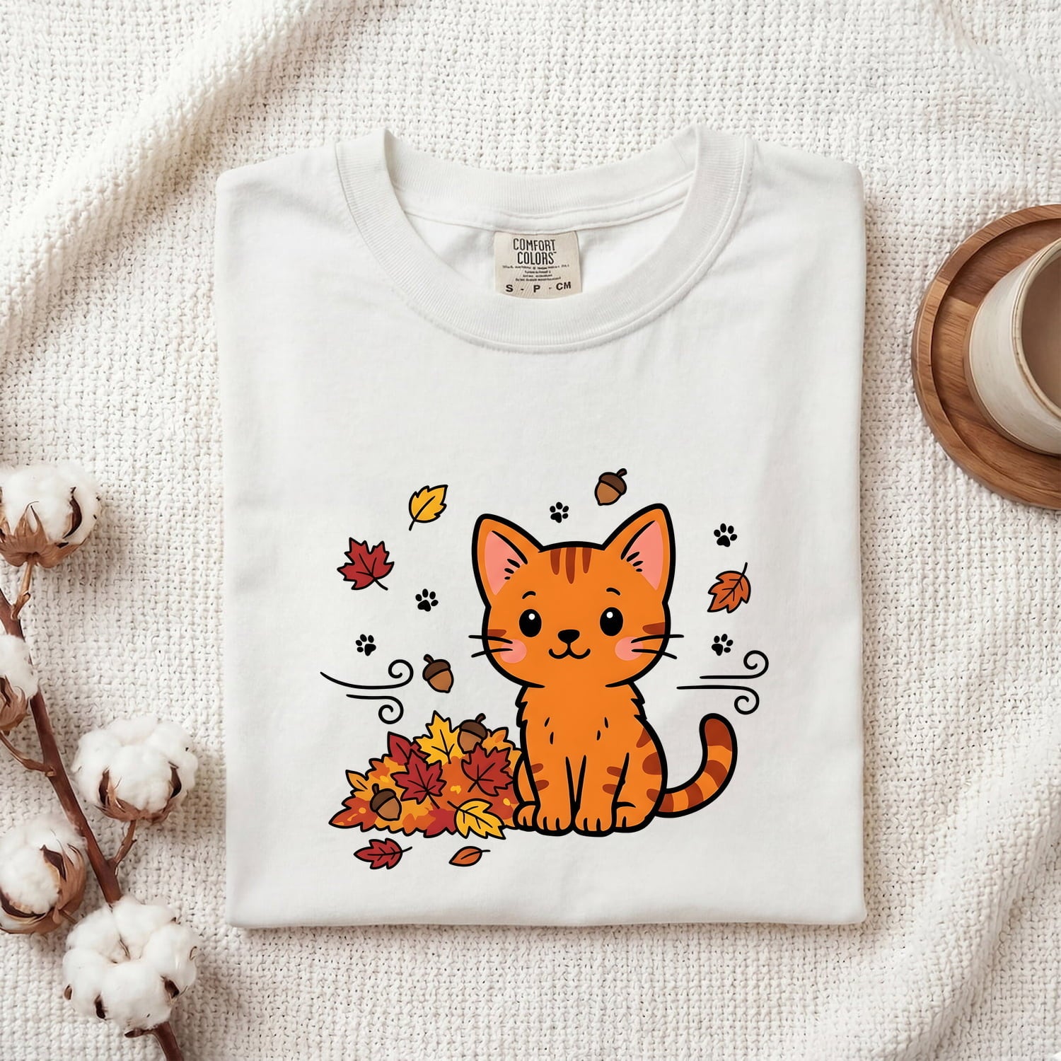 Tangerine Cat Shirt Cat Pumpkin Gift Women Charming Tee Orange Cat T-Shirt Feline Fan Cute Tshirt Autumn Graphic Doodle Colored Leaves