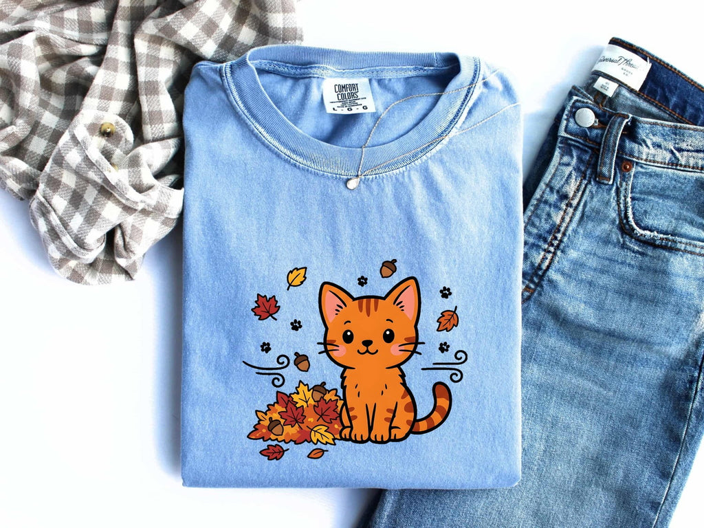 Tangerine Cat Shirt Cat Pumpkin Gift Women Charming Tee Orange Cat T-Shirt Feline Fan Cute Tshirt Autumn Graphic Doodle Colored Leaves