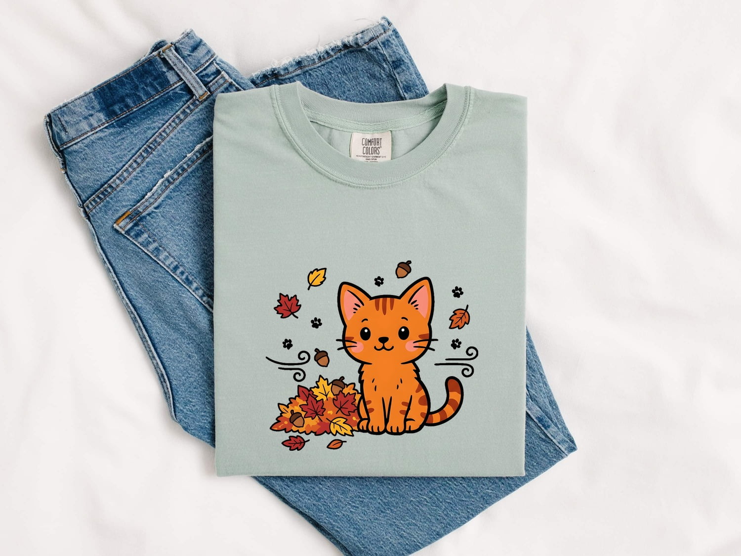 Tangerine Cat Shirt Cat Pumpkin Gift Women Charming Tee Orange Cat T-Shirt Feline Fan Cute Tshirt Autumn Graphic Doodle Colored Leaves