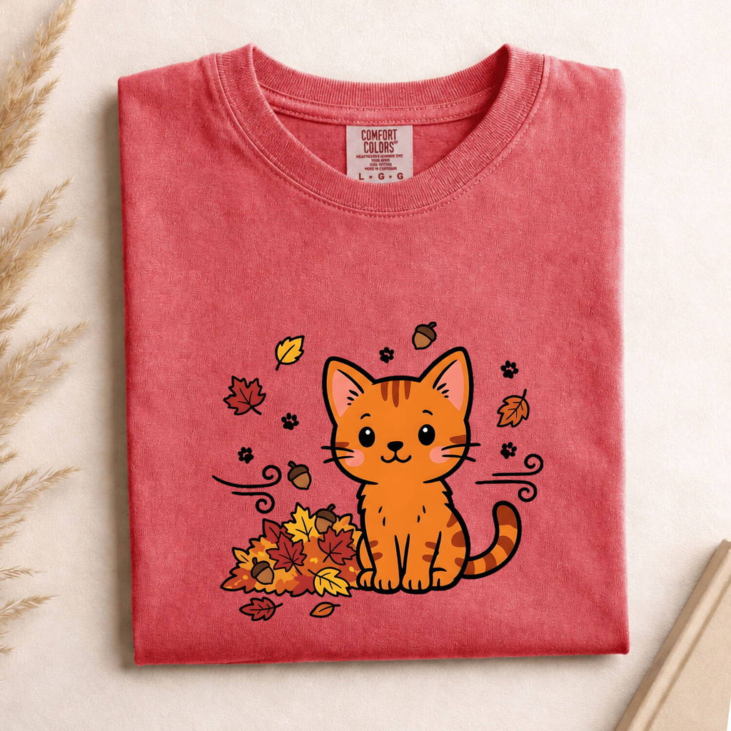 Tangerine Cat Shirt Cat Pumpkin Gift Women Charming Tee Orange Cat T-Shirt Feline Fan Cute Tshirt Autumn Graphic Doodle Colored Leaves