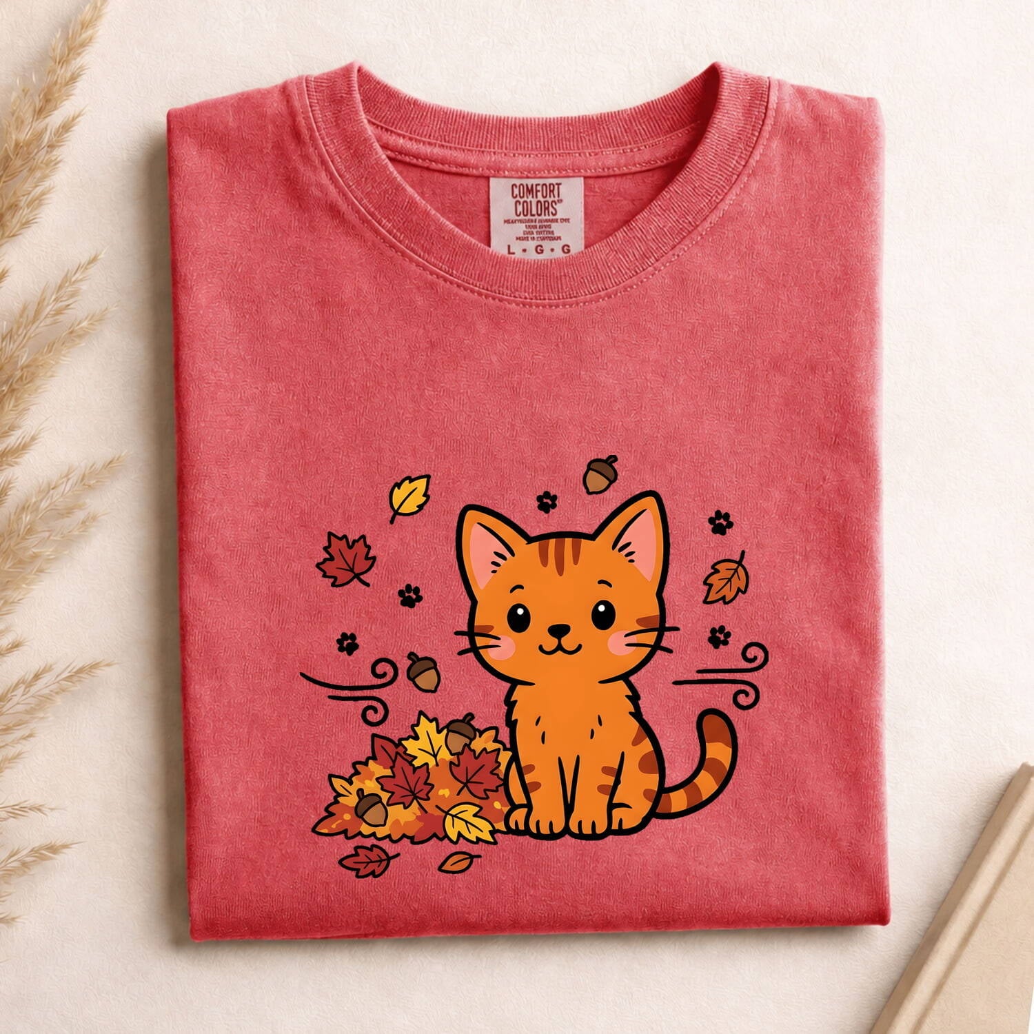 Tangerine Cat Shirt Cat Pumpkin Gift Women Charming Tee Orange Cat T-Shirt Feline Fan Cute Tshirt Autumn Graphic Doodle Colored Leaves