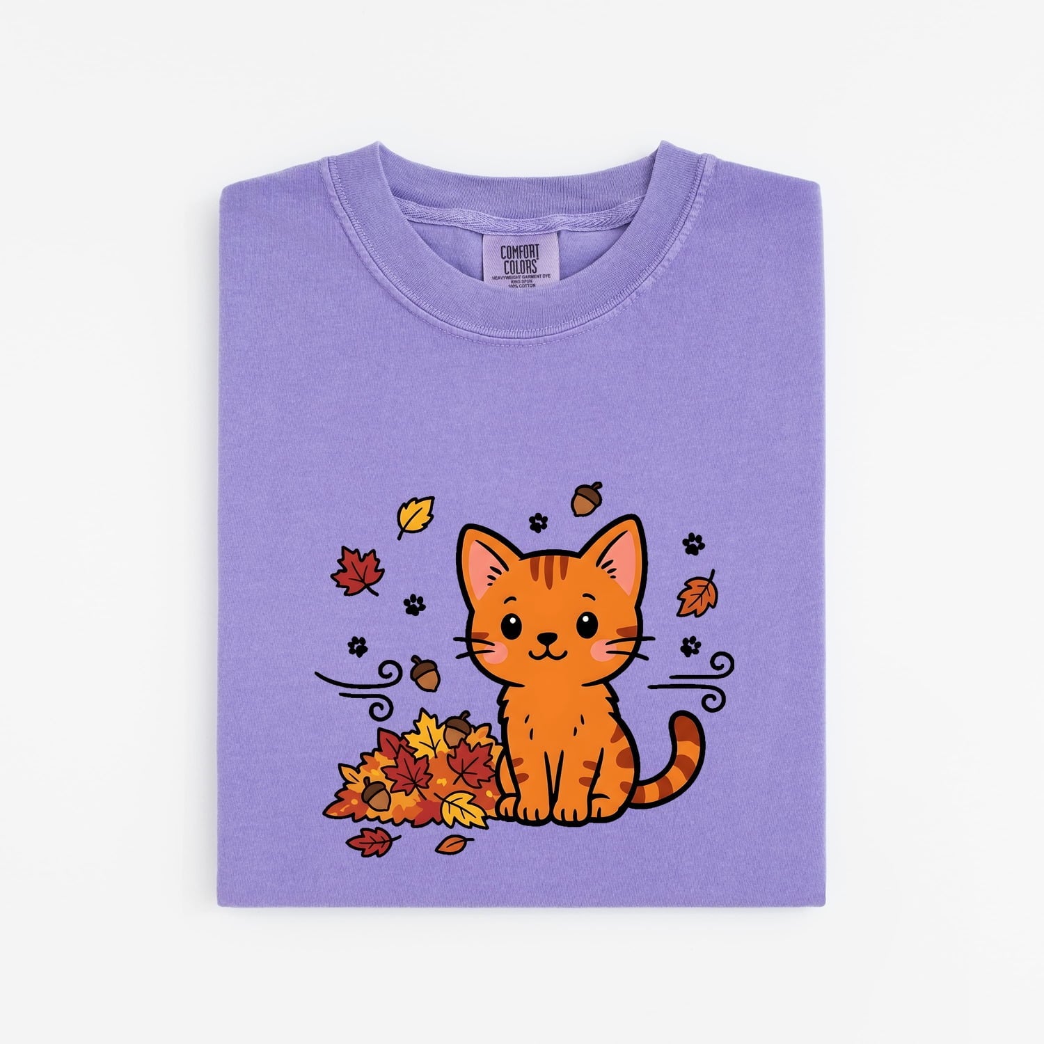 Tangerine Cat Shirt Cat Pumpkin Gift Women Charming Tee Orange Cat T-Shirt Feline Fan Cute Tshirt Autumn Graphic Doodle Colored Leaves