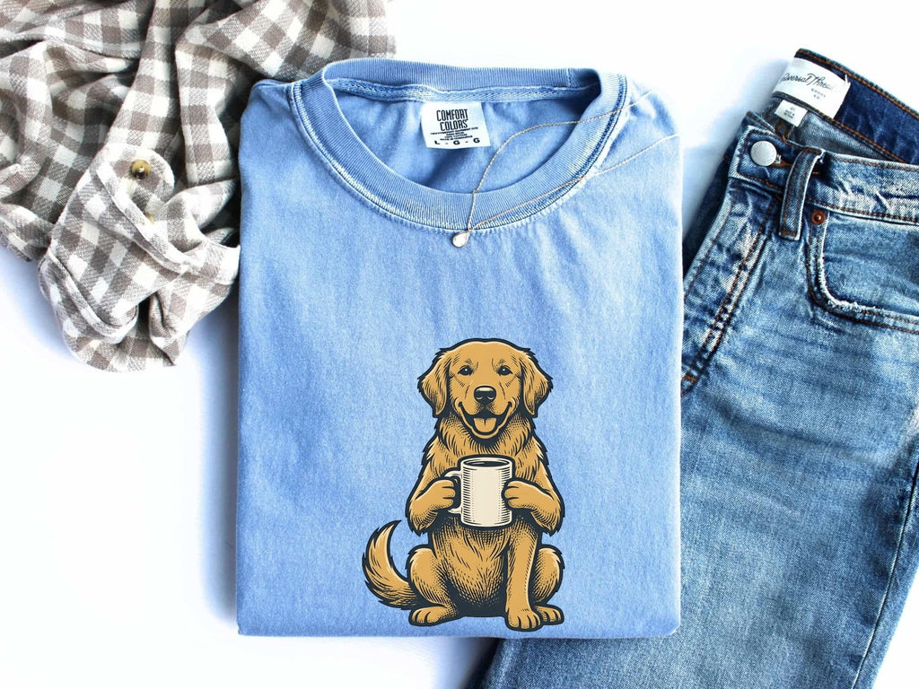 Golden Retriever Shirt Dog Cappuccino Gift Women Sketch Tee Retriever T-Shirt Dog Fan Drawing Design Coffee Tshirt Cartoon Tea Cup Tshirt